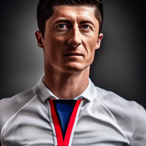 Prompt: Robert Lewandowski standing while posing for a photo, award winning photography, HDR, studio lighting, dynamic pose, medium close shot, shot on Canon EOS R5, f/2.5,