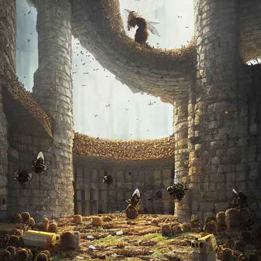 Prompt: inside a beehive castle inhabited by bees, presided over by a queen bee, greg rutkowski