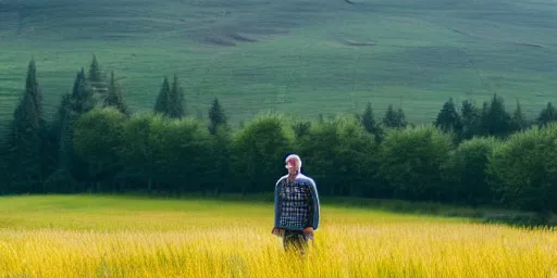 Image similar to a scotsman being happy in a meadow