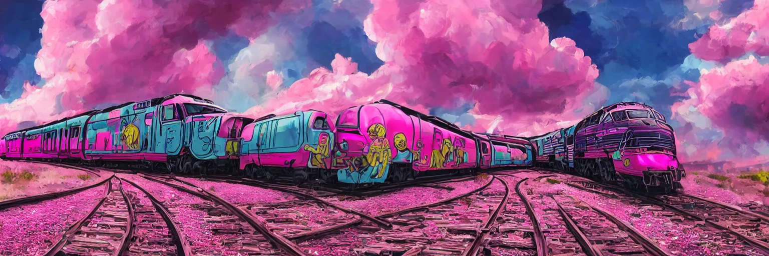 Image similar to pink, close - up train, space, dog, run, pirate neon ship with punks on board, mohawks, neon, oil painting, rich deep colors masterpiece, ultra detailed, contrast, heaven pink, lots of roman arches, clouds, sky, volumetric light, atmospheric lighting, dramatic, cinematic, moody, octane render 4 k, 8 k