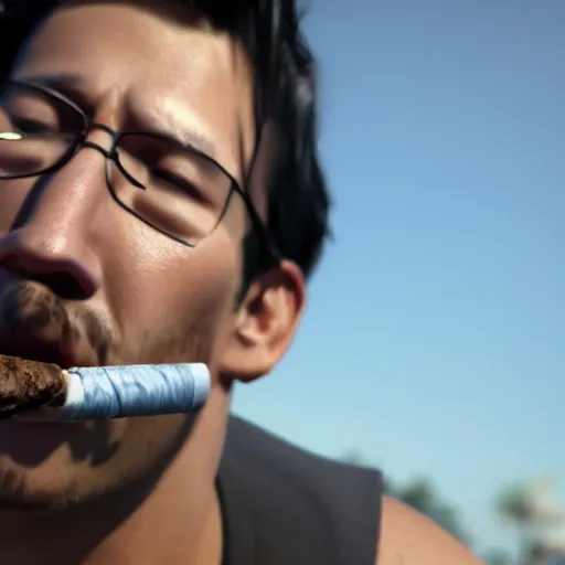 Image similar to a closeup photo of handsome gigachad markiplier smoking a cigar, 8k photorealism, extremly detailed, trending on artstation