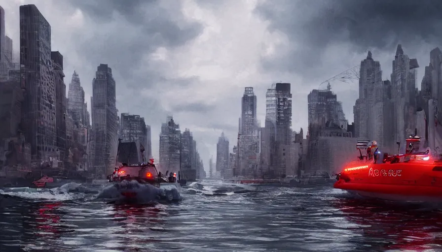 Prompt: rescue boat crossing new york city streets after a huge tsunami, cloudy sky, light, sirens, hyperdetailed, artstation, cgsociety, 8 k