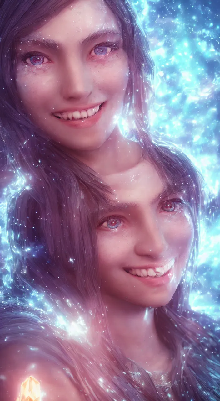 Image similar to Teenage female Mage, outdoors lighting, astral background, symmetrical face and body, confident, smile, detailed moisture, detailed droplets, detailed intricate hair strands, DSLR, ray tracing reflections, eye reflections, focused, unreal engine 5, vfx, post processing, post production, Arcane Style, 8k