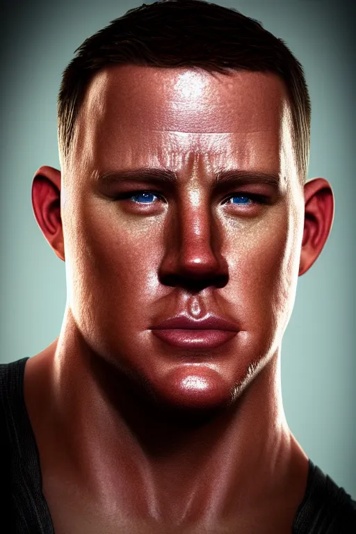 Image similar to a head shot of channing tatum as half human and a tater tot on a plate, tater tot face, ef 8 5 mm f 1. 8 usm, bionic scifi alexandre ferra, hyper detailed, digital art, trending in artstation, cinematic lighting, studio quality, smooth render, unreal engine 5 rendered, octane rendered