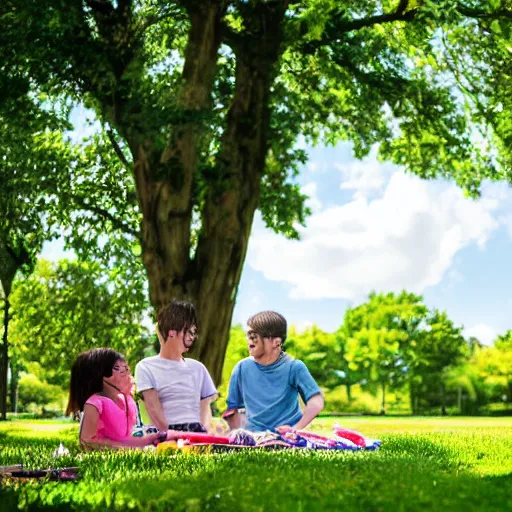 Prompt: An happy family of a couples with two boys of 10years old and 5 years old, in Vincennes parc having a pic nic, beautiful weather, peaceful cloud, by Makoto Shinkai