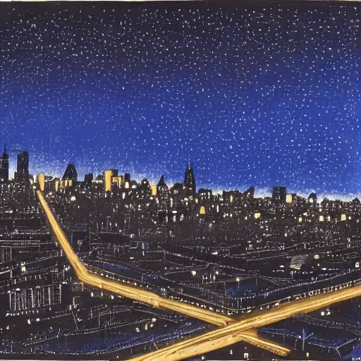 Prompt: night scene of a city. The darkness of the night is illuminated by artificial lighting. The sky is painted with cobalt blue, and shimmers with the light of stars. The buildings are painted in black, and stand out against the sky. They are silhouetted against a background which is painted with hazy grey.