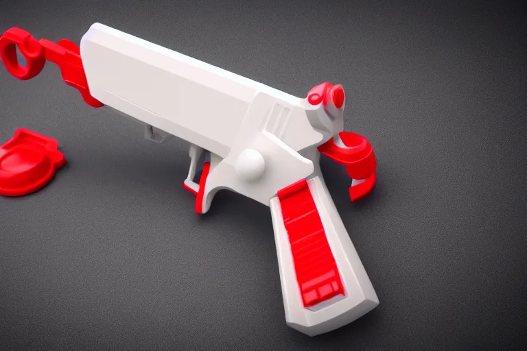 Prompt: product photo of toy hand gun made by fisher price, colorful plastic, high quality, intricate detail, realistic textures, octane render, unreal engine 5, hyperrealism