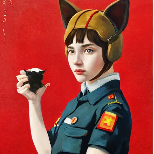 Image similar to oil paining of twentytwo year old female character with cat ears wearing soviet era uniform, wearing a tshirt with a face of karl marx on it, in the style of krenz cushart