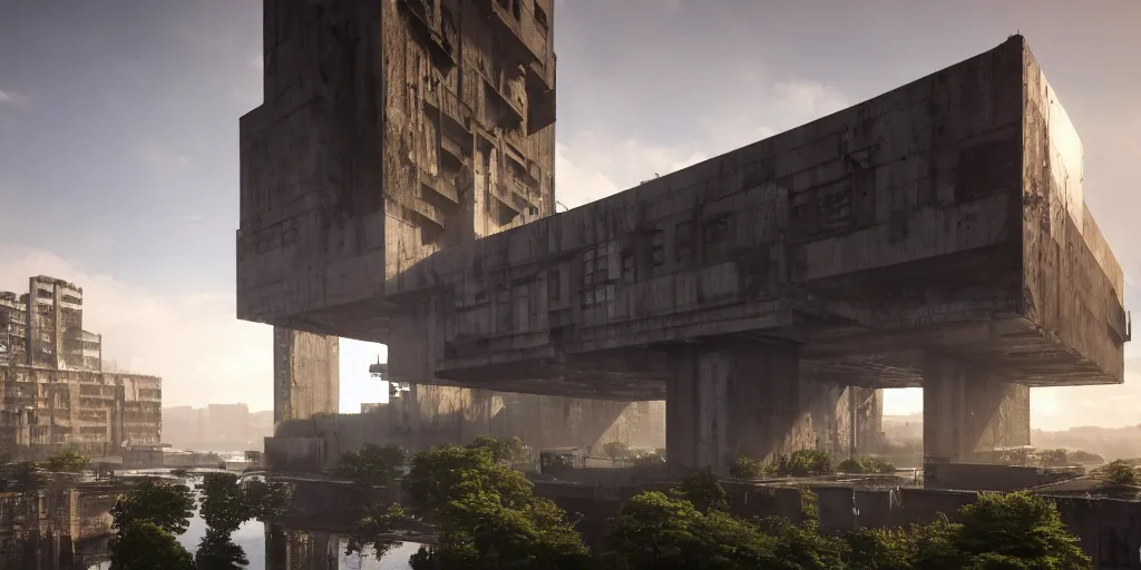 Prompt: an extremely detailed building, brutalist architecture, streetscapes, surrounded by lush green forest and murky ponds of water, stunning volumetric lighting, sunset, rusted steel, smooth solid concrete, stunning skies, trending on Artstation, 8k, photorealistic, hyper detailed, unreal engine 5, IMAX quality, cinematic, epic lighting, in the style of the game DOOM, by Greg Rutkowski