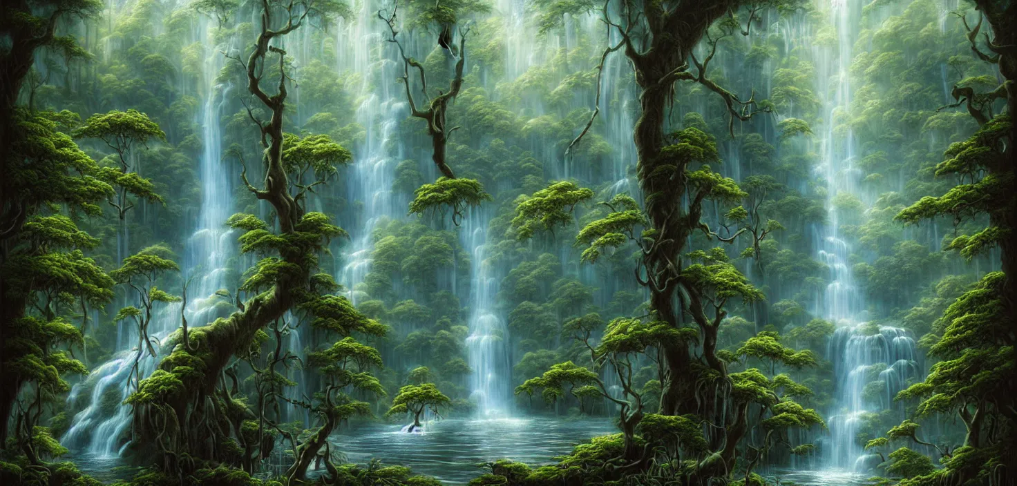 Image similar to a painting of a waterfall in a forest, a detailed matte painting by todd lockwood, deviantart, fantasy art, matte painting, matte drawing, airbrush art