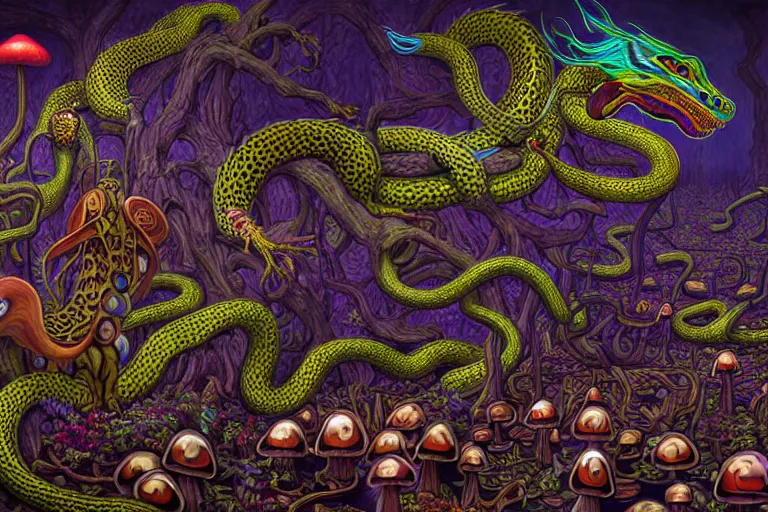 Image similar to a detailed digital art painting of a cyberpunk magick oni dragon with occult futuristic effigy of a beautiful field of mushrooms that is a adorable leopard atomic latent snakes in between ferret biomorphic molecular hallucinations in the style of escher, alex grey, stephen gammell inspired by realism, symbolism, magical realism and dark fantasy, crisp,