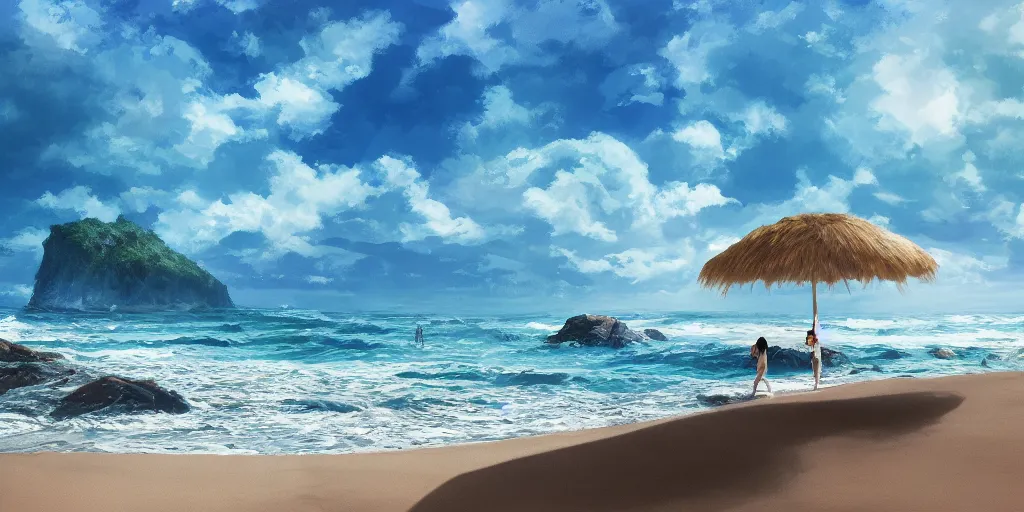 Image similar to a beach, cinematic angle, studio Ghibli, volumetric lighting, bold, beautiful composition, intricate, elegant, digital art, detailed oil painting, hyperrealistic, sharp focus, 8k