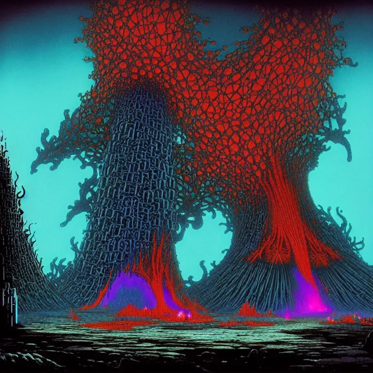 Prompt: the kiln of the first flame from dark souls 3, infinite fractal tesseract, quantum waves, synthwave, bright neon colors, highly detailed, cinematic, eyvind earle, tim white, philippe druillet, roger dean, ernst haeckel, lisa frank, aubrey beardsley, kubrick