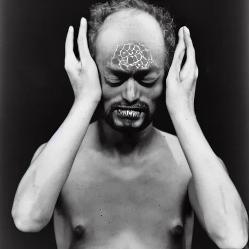 Prompt: a man experiencing his third eye pineal gland exploding out of the front of his forehead as he is able to perceive all of the thoughts of mankind. body horror. by gerald grom and ansel adams.