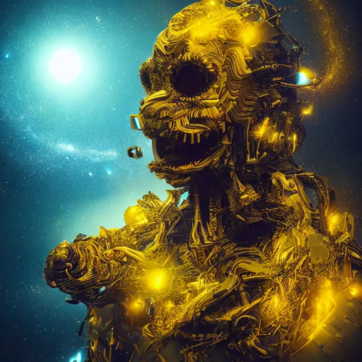 Prompt: portrait of a destroyer of galaxies, indigo and yellow. intricate abstract. intricate artwork. nightmare fuel. by tooth wu wlop beeple dan mumford. octane _ render