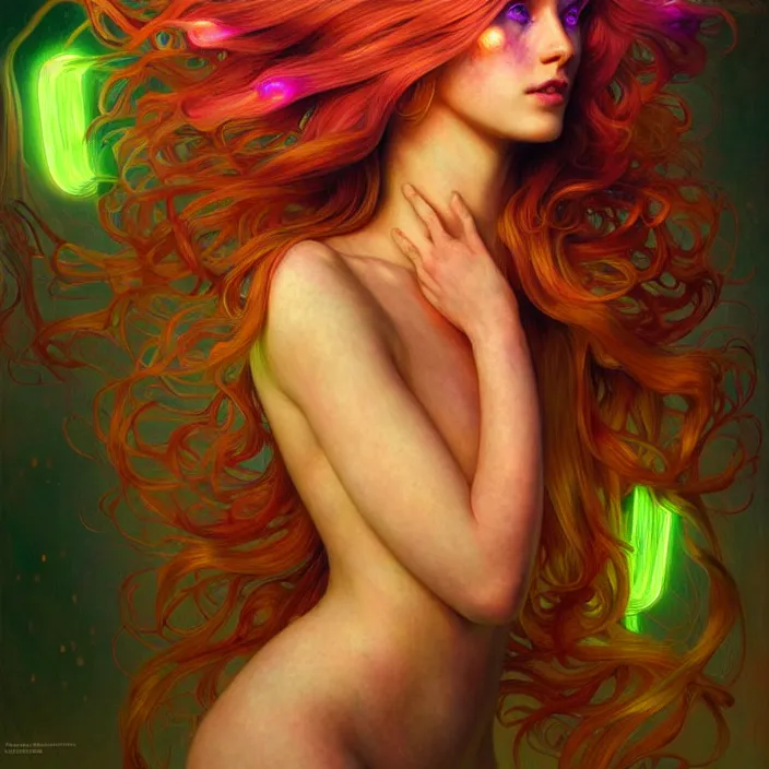 Prompt: bright psychedelic organic cyborg with glowing skin and long hair, diffuse lighting, fantasy, intricate, elegant, highly detailed, lifelike, photorealistic, digital painting, artstation, illustration, concept art, smooth, sharp focus, art by John Collier and Albert Aublet and Krenz Cushart and Artem Demura and Alphonse Mucha