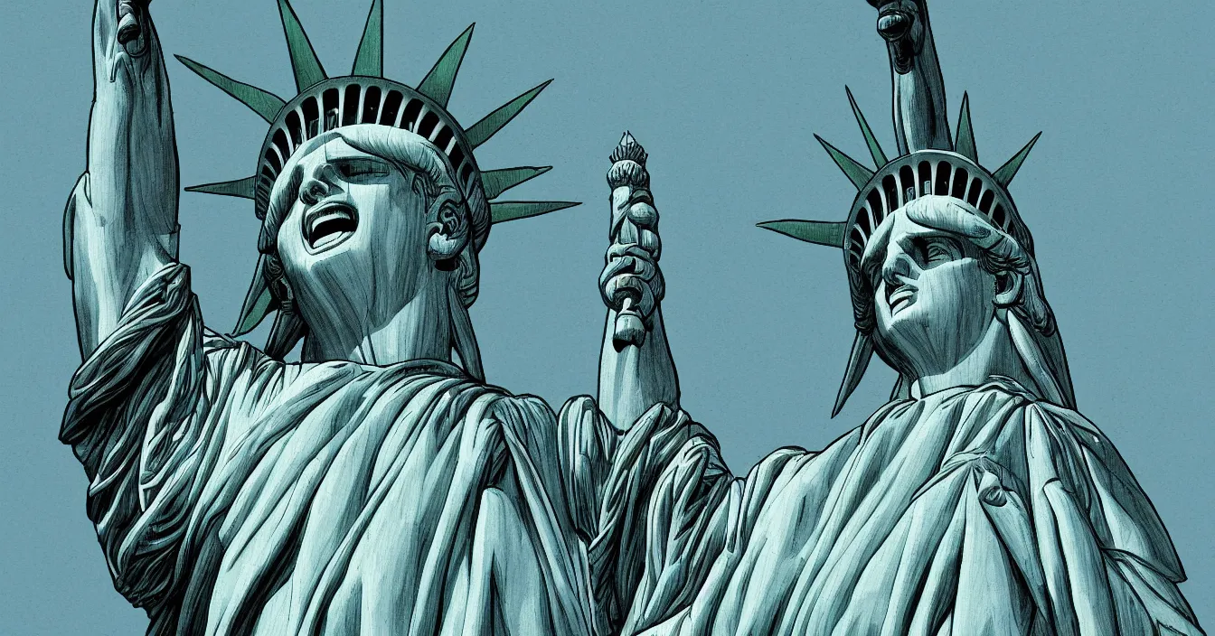 Image similar to the statue of liberty laughing like a madman, digital art, composition