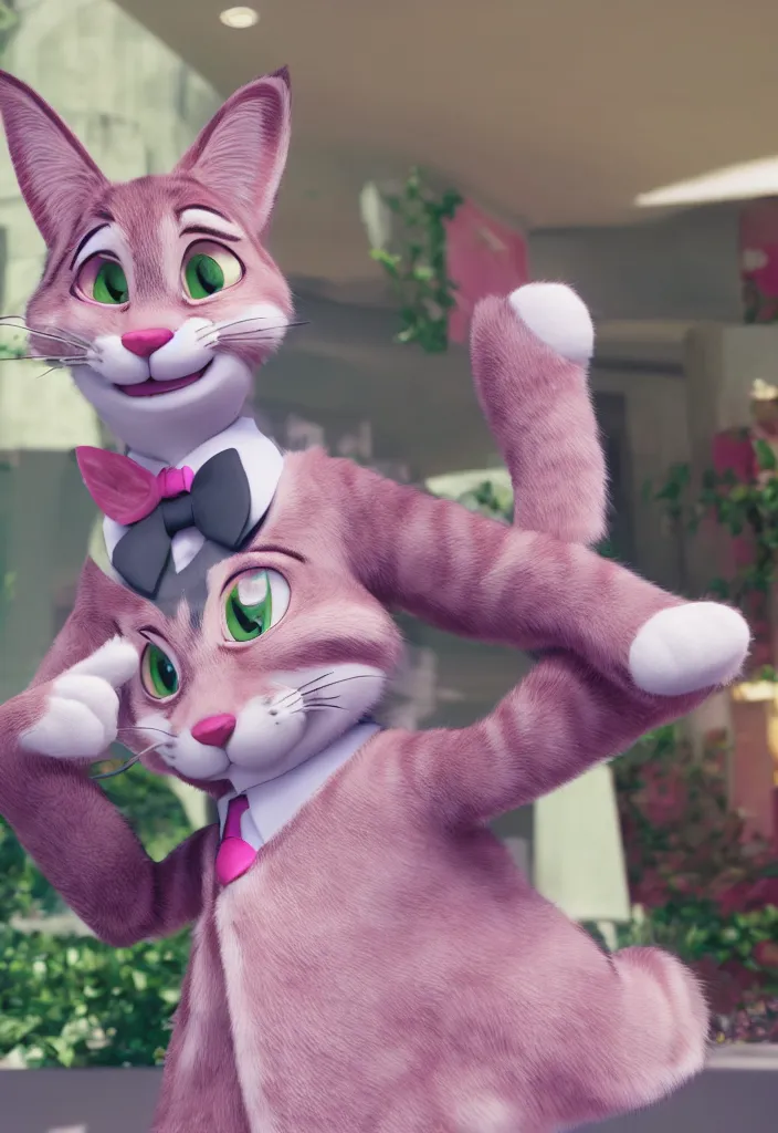 Image similar to 3d render , anthropomorphic male tabby cat,wearing a pink tux ,style of Zootopia, 8K HD Resolution, High quality image