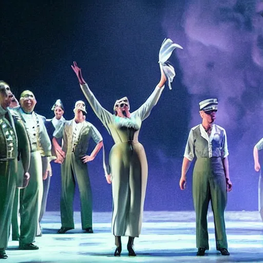 Image similar to award winning Production photo of the Hindenburg disaster the musical on broadway, dancing, singing, costumes by Julie Taymor, set design by Julie Taymor