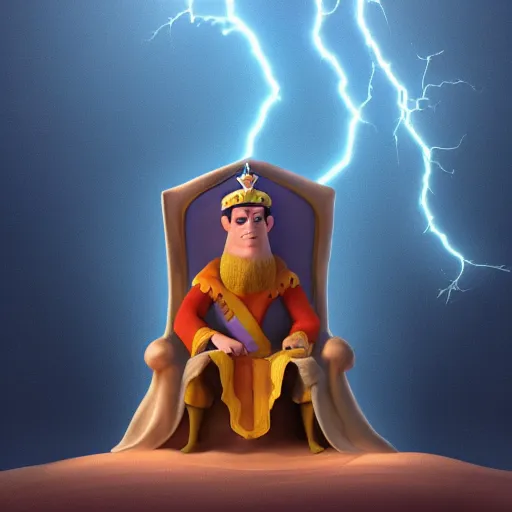 Image similar to a man with a crown on his head, dressed in a robe, sitting on a throne, in the desert, in the background a thunderstorm, pixar, artstation, high detailed,