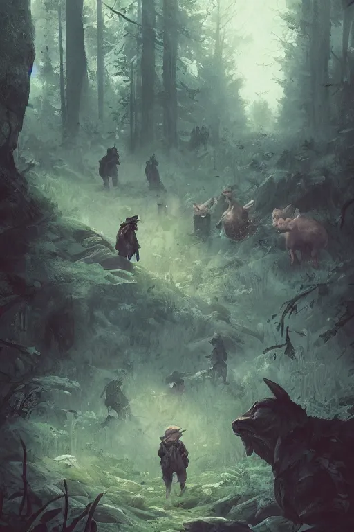 Image similar to A bunch of Bulbasaurs in the forest, horror, illustrated by Greg Rutkowski and Caspar David Friedrich., Trending on artstation, artstationHD, artstationHQ, 4k, 8k