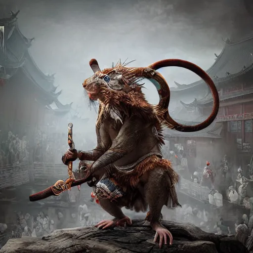 Image similar to The Chinese Zodiac sign of rat warrior, traditional Chinese textures, hyper detail, Unreal engine,Octane render, by Brooke Shaden,