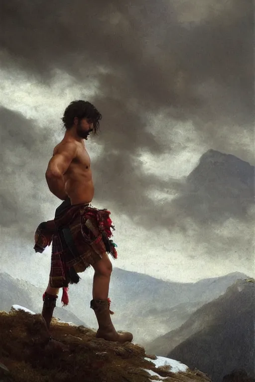 Prompt: a homoerotic portrait by greg rutkowski and albert bierstadt of a young shirtless handsome! indian mountaineer on a mountain peak | he is wearing a revealing tartan kilt, cowboy hat, and leather boots | background is snowy mountains and clouds | detailed face, dramatic, ethereal, dreamlike | trending on artstation