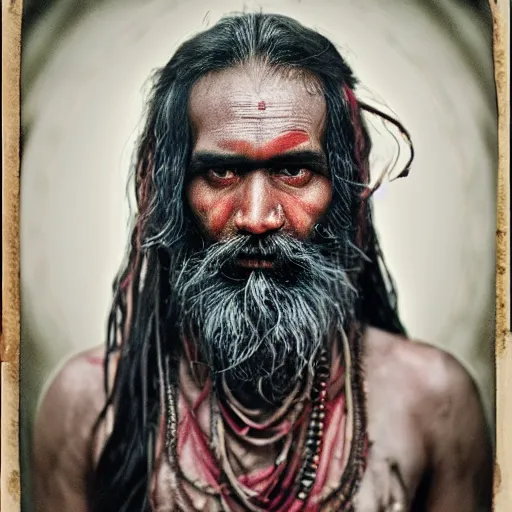 Image similar to realistic exposed expired fuji film portrait of aghori sadhu, hyperrealism, hypermaxiymalism, photorealistic, detailed, atmospheric, 8 k, award winning photography, cinematic