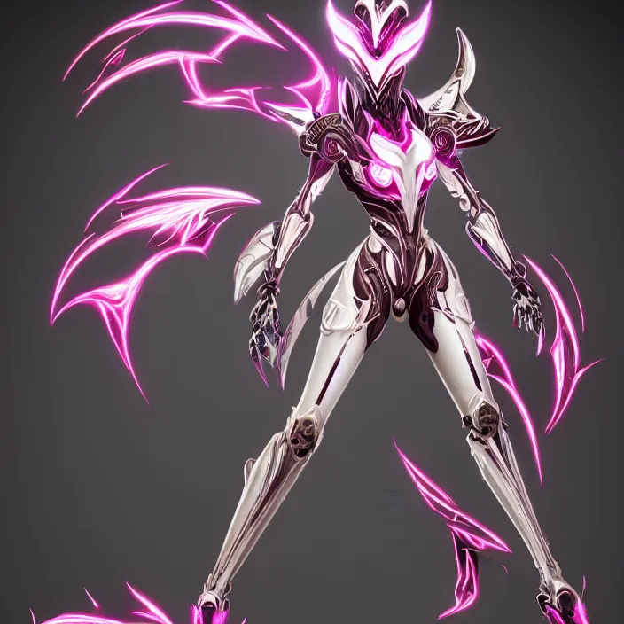 Image similar to highly detailed exquisite fanart, of a stunning beautiful female warframe, but as an anthropomorphic robot dragon, standing elegantly, shining reflective off-white plated armor, bright Fuchsia skin, sharp claws, full body shot, epic cinematic shot, realistic, professional digital art, high end digital art, DeviantArt, artstation, Furaffinity, 8k HD render, epic lighting, depth of field