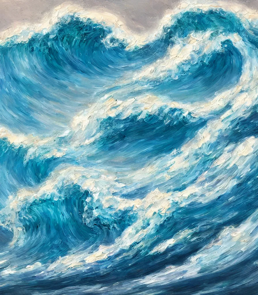 Prompt: an impasto oil painting of a beautiful hawaiian waves, monochromatic color scheme, high detail, breathtaking wave, modern art, abstract art, soft colors