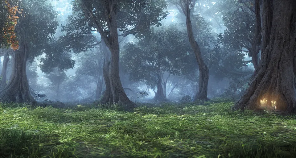 Prompt: Enchanted and magic forest, with Vray