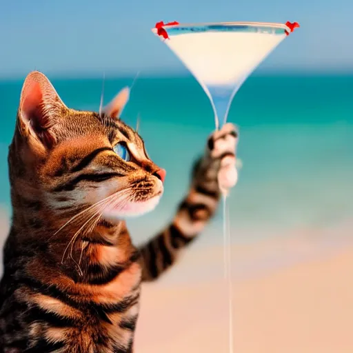 Image similar to realistic photo of an anthropomorphic cat chilling out on the beach and drinking a martini