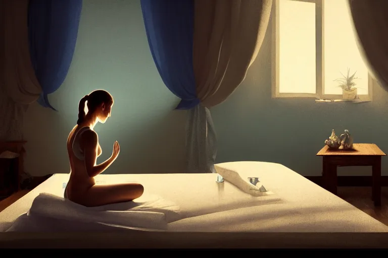 Prompt: girl meditating on the bed in her room, in the style of dariusz zawadzki, solarpunk, exact anatomy, atmospheric, clean, intricate and epic composition, dark by caravaggio, insanely quality, highly detailed, masterpiece, blue light, artstation, 4 k