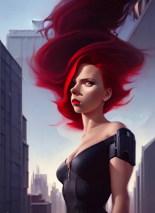 Image similar to peter mohrbacher, phil noto, artgerm, pretty scarlett johansson black widow, symmetrical eyes, long red hair, city rooftop