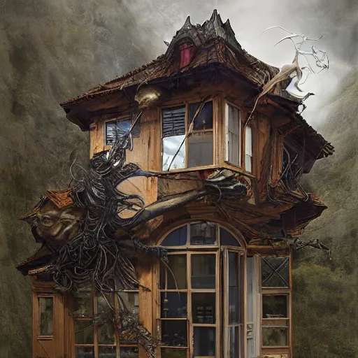 Image similar to person made of windows and doors and a roof, complete house with Central nervous,background fine lines by ellen jewett, tomasz alen kopera and Justin Gerard