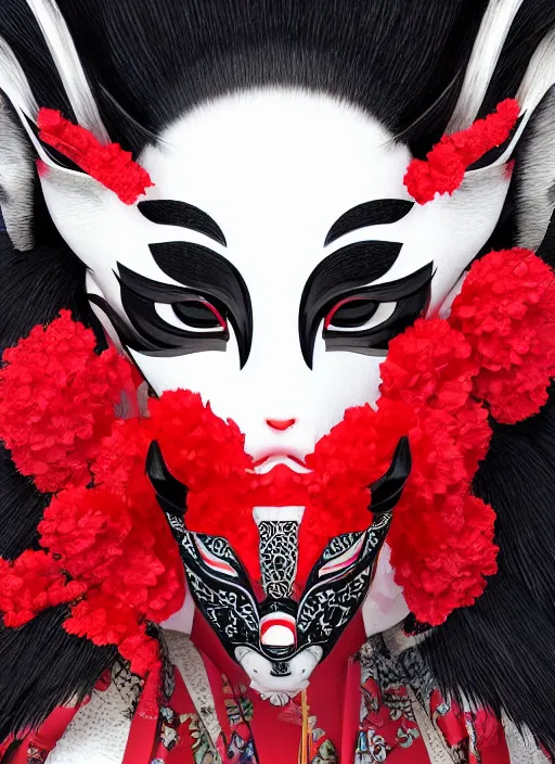 Image similar to maiko wearing a kitsune mask, fluent composition, red white and black, concept art, ambient light, 4 k, intricate details, highly professionally detailed, cgsociety, highly detailed -