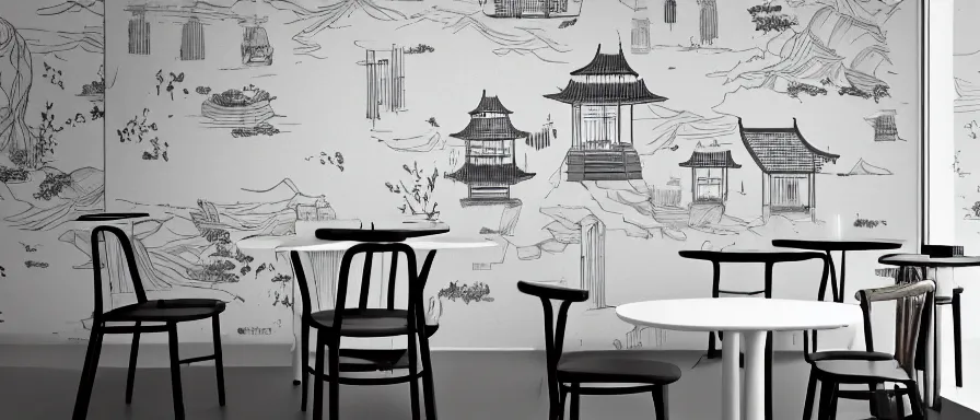 Image similar to a beautiful simple interior 4 k hd wallpaper illustration of small roasted string hotpot restaurant restaurant yan'an, animation illustrative style, from china, wallpaper of tower and mountains, rectangle white porcelain table, black chair, fine simple delicate structure, simple style structure decoration design, victo ngai, james jean, 4 k hd