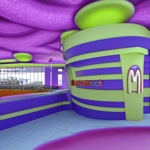 Image similar to 3D render of purple tornado inside of a blue mcdonalds