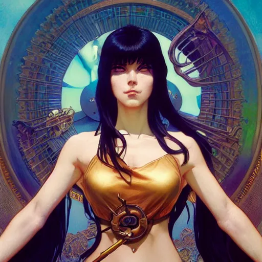 Image similar to highly detailed vfx portrait of nico robin, stephen bliss, greg rutkowski, loish, rhads, beeple, makoto shinkai, tom bagshaw, alphonse mucha, sharp focus, art by artgerm and greg rutkowski, stanley kubrick, backlit, harsh overhead sunlight,