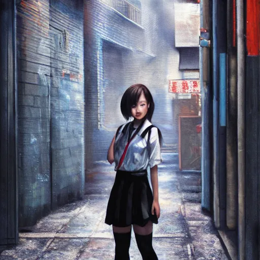 Image similar to a perfect, realistic professional oil painting of a Japanese schoolgirl posing in a dystopian alleyway, style of Marvel, full length, by a professional American senior artist on ArtStation, a high-quality hollywood-style concept