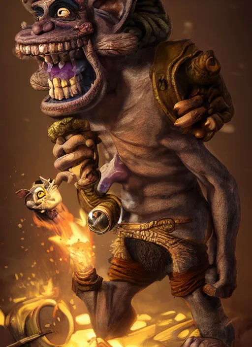 Image similar to pathfinder 2 e bestiary illustration of a goblin mixed with a monkey smoking a cigar, pirate themed, character portrait, unreal engine, hyper realism, realistic shading, cinematic composition, realistic render, octane render, detailed textures, studio lighting, photorealistic, wide shot