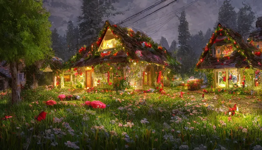 Prompt: Realistic image of a small house covered by flowers with Christmas light built near of a lake in green mountains, hyperdetailed, artstation, cgsociety, 8k