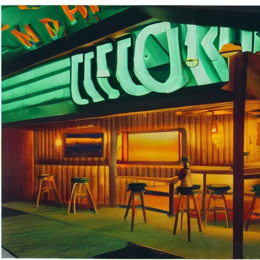 Prompt: mid century magazine advertisement for a midwest tiki bar in indianapolis. ambient lighting, highly detailed. 3 5 mm.