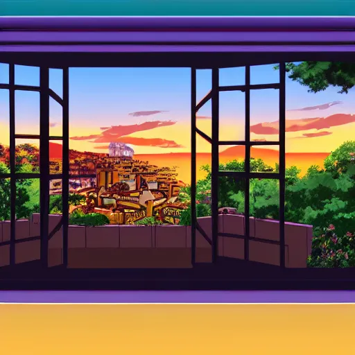 Image similar to anime digital art view from castle balcony sunset