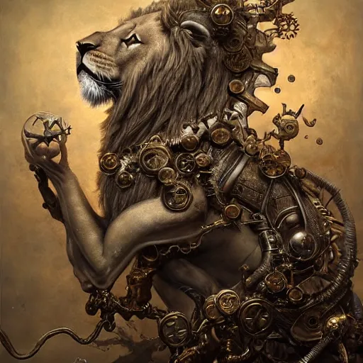 Image similar to a beautiful detailed 3 d matte portrait of a clockwork lion, by ellen jewett, by tomasz alen kopera, by justin gerard, ominous, magical realism, texture, intricate, skull, skeleton, gold coins, money, whirling smoke, alchemist bottles, radiant colors, fantasy, volumetric lighting, high details