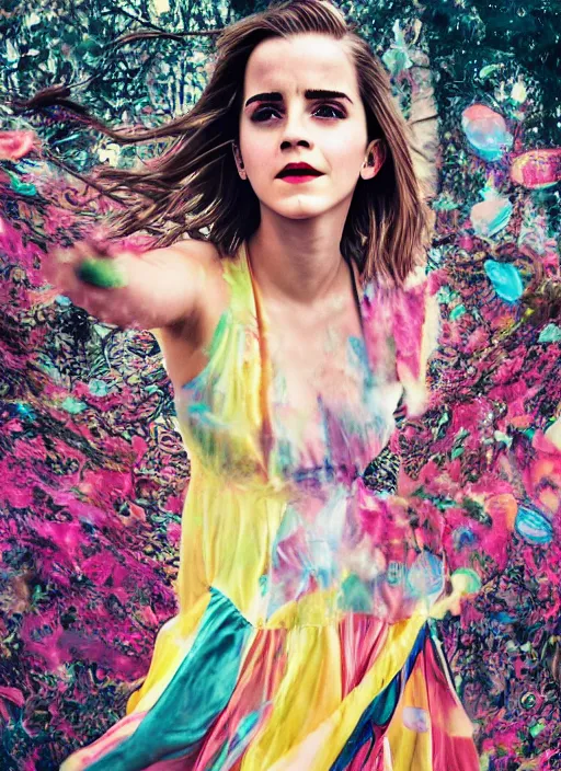 Prompt: Emma Watson for Victorian Secret, perfect face, hot summertime hippie in the rain, psychedelic dress, full length shot, XF IQ4, 150MP, 50mm, f/1.4, ISO 200, 1/160s, natural light, Adobe Photoshop, Adobe Lightroom, DxO Photolab, Corel PaintShop Pro, rule of thirds, symmetrical balance, depth layering, polarizing filter, Sense of Depth, AI enhanced