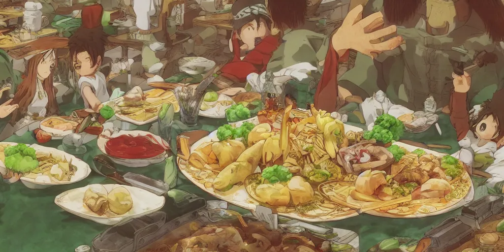 Prompt: A feast for the Gon, very detailed, anime, Delicious, Plump, Juicy, Hot Food, large white border, hd, 8k, Unreal Engine 5, high resolution print :1 by Hayao Miyazaki, Nausicaa, studio Ghibli style, Anime wallpaper, cell shading, trending on deviant art :1