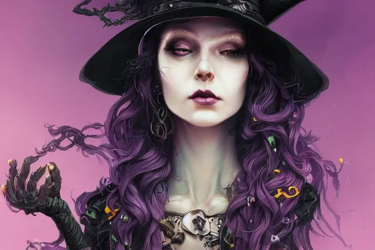 Image similar to an insanely detailed close up portrait of a beautiful witch, long purple hair, black ornate dress and black witch hat, in the style of peter mohrbacher, artgerm, dramatic lighting and composition, alchemy lab background, octane render, trending on artstation, concept art 8 k