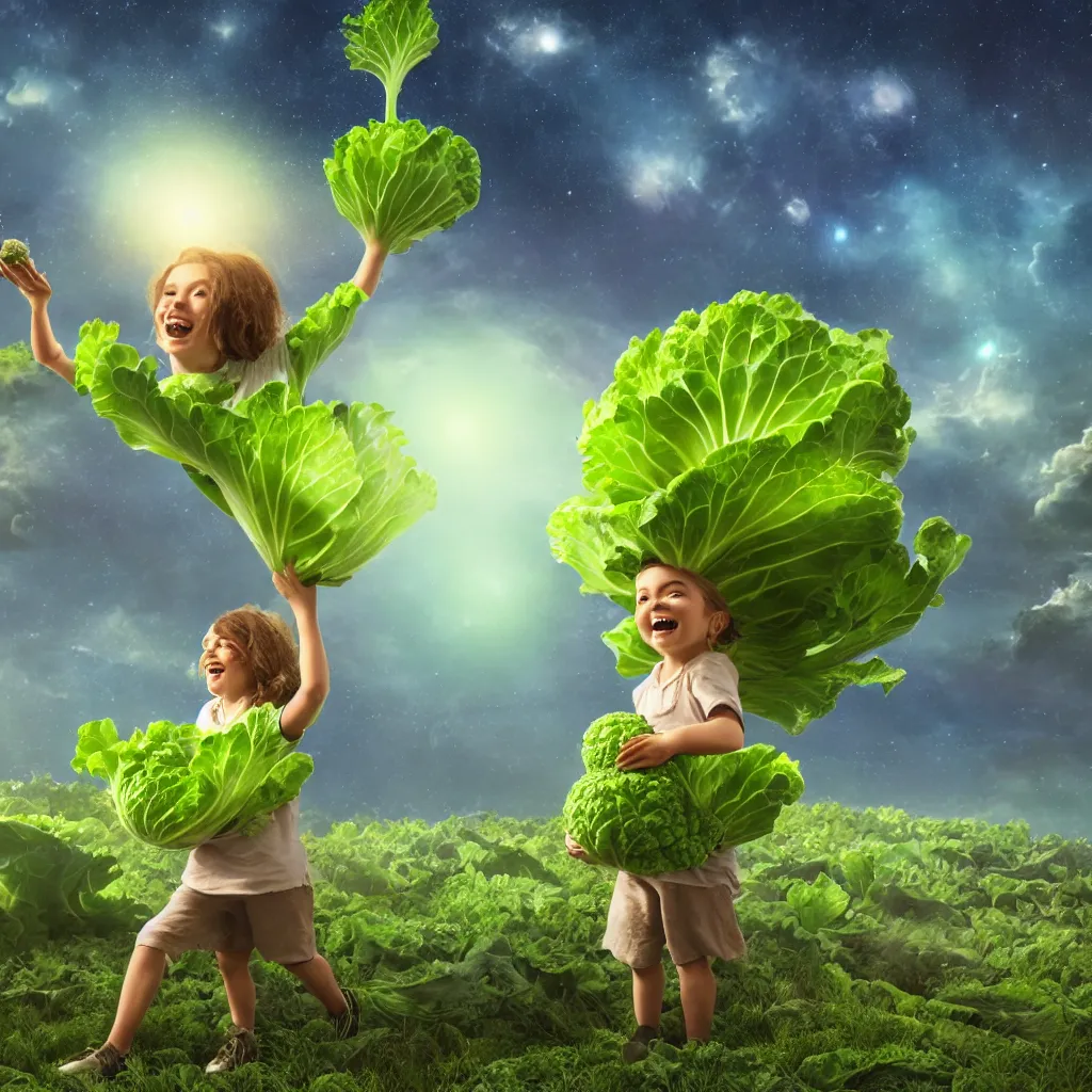 Image similar to happy child carrying a cabbage on her head, cosmic sci fi landscape with farm and vegetables growing, semi realistic comic, octane render, artist Dr Zeus harmonious integration+8k