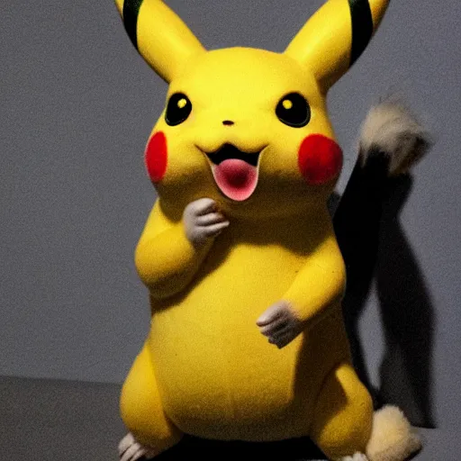 Image similar to a badly taxidermized pikachu, scary, creepy lighting